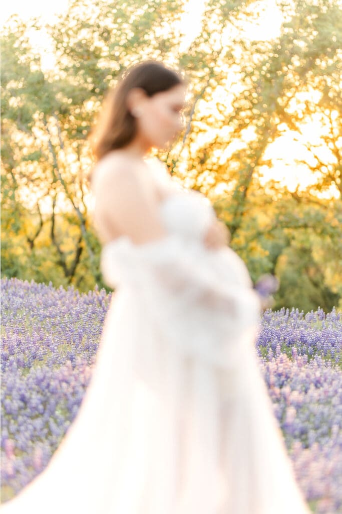 Outdoor maternity portrait in El Dorado Hills with blooming lupine flowers and golden sunset light