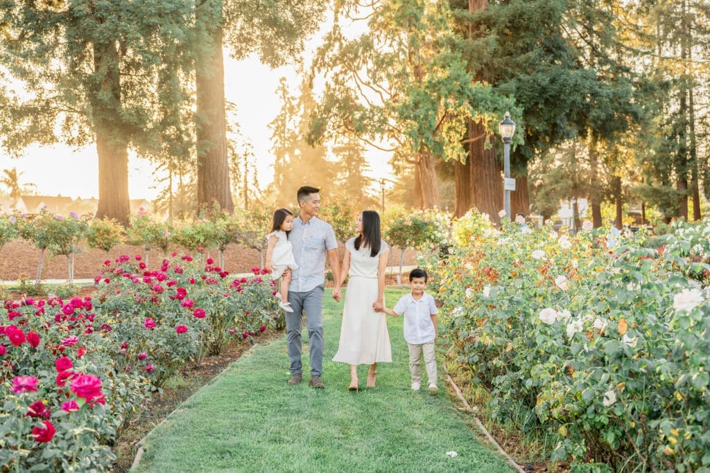 Family walking in a South Bay Area San Jose Rose Garden